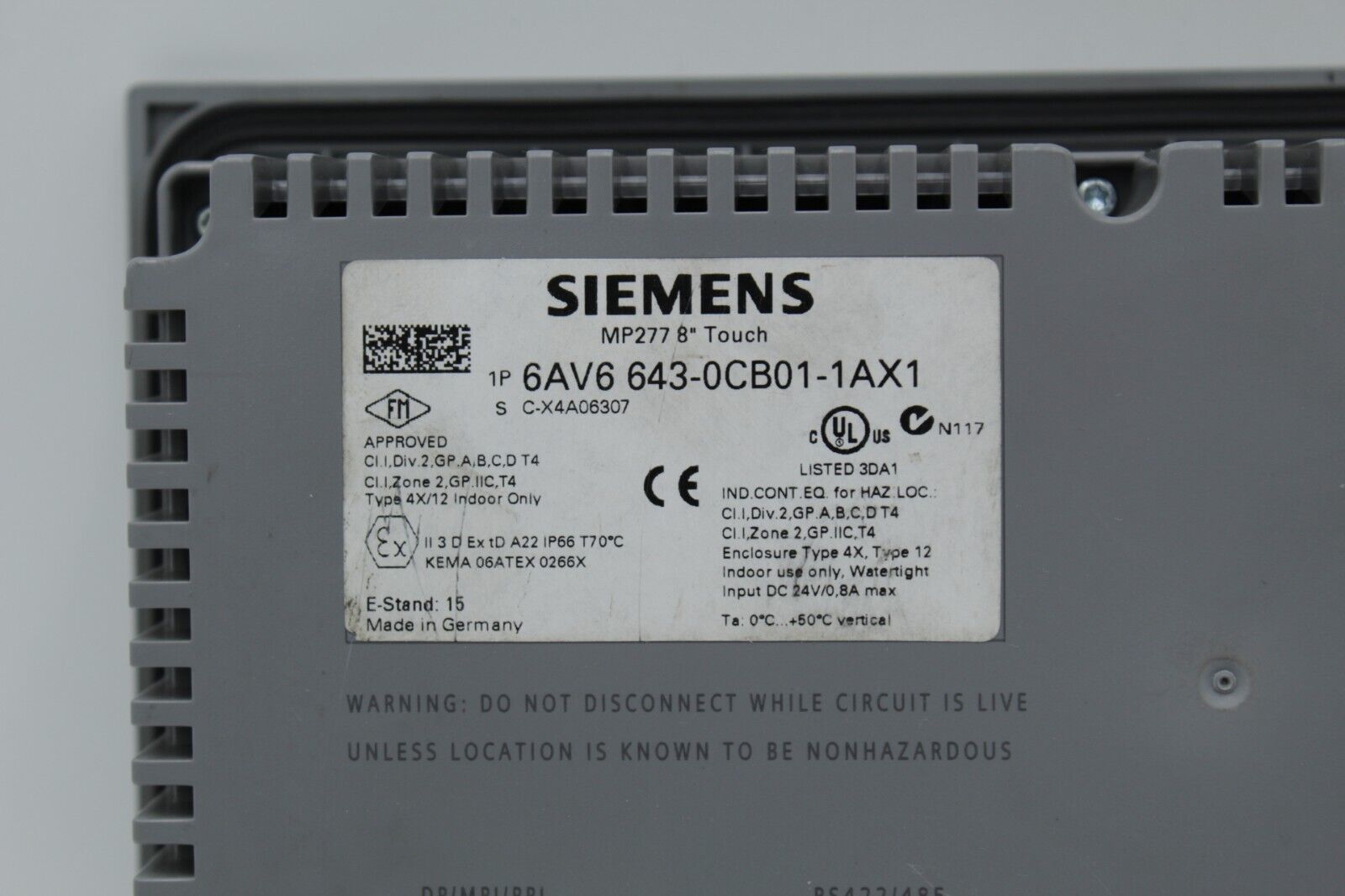 Siemens 6AV6643-0CB01-1AX1 Simatic MP 277 8" Operator Interface Panel READ 4
