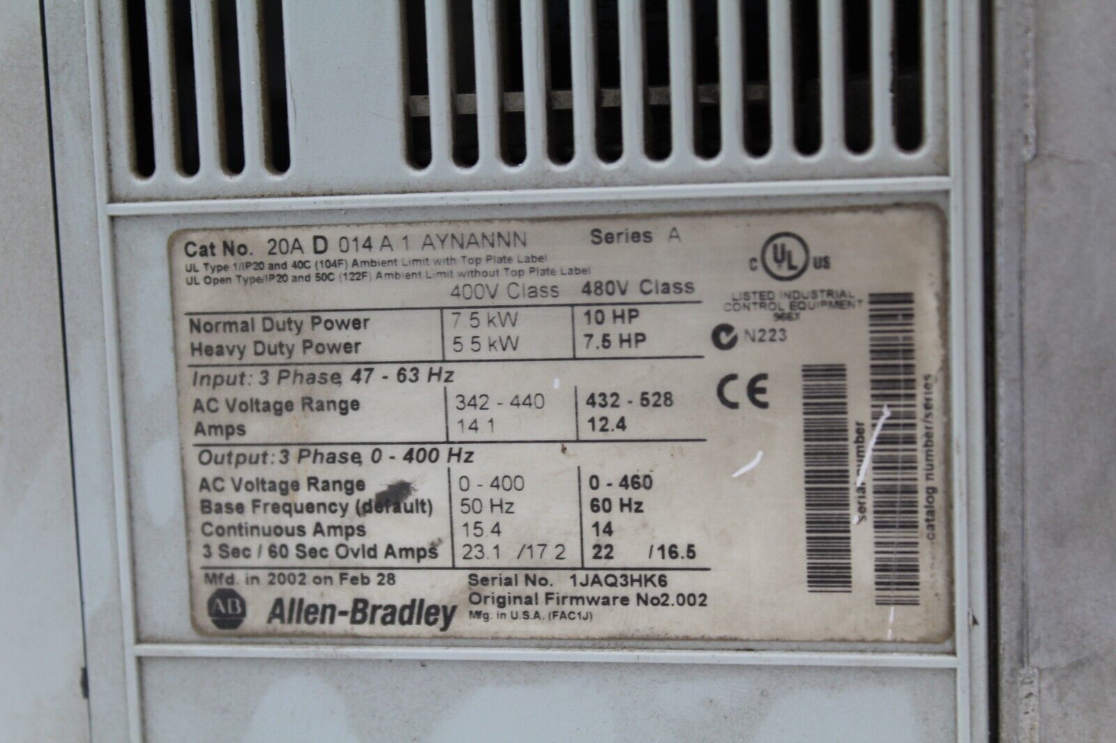 Allen-Bradley 20AD014A1AYNANNN Powerflex 70 No Control Panel