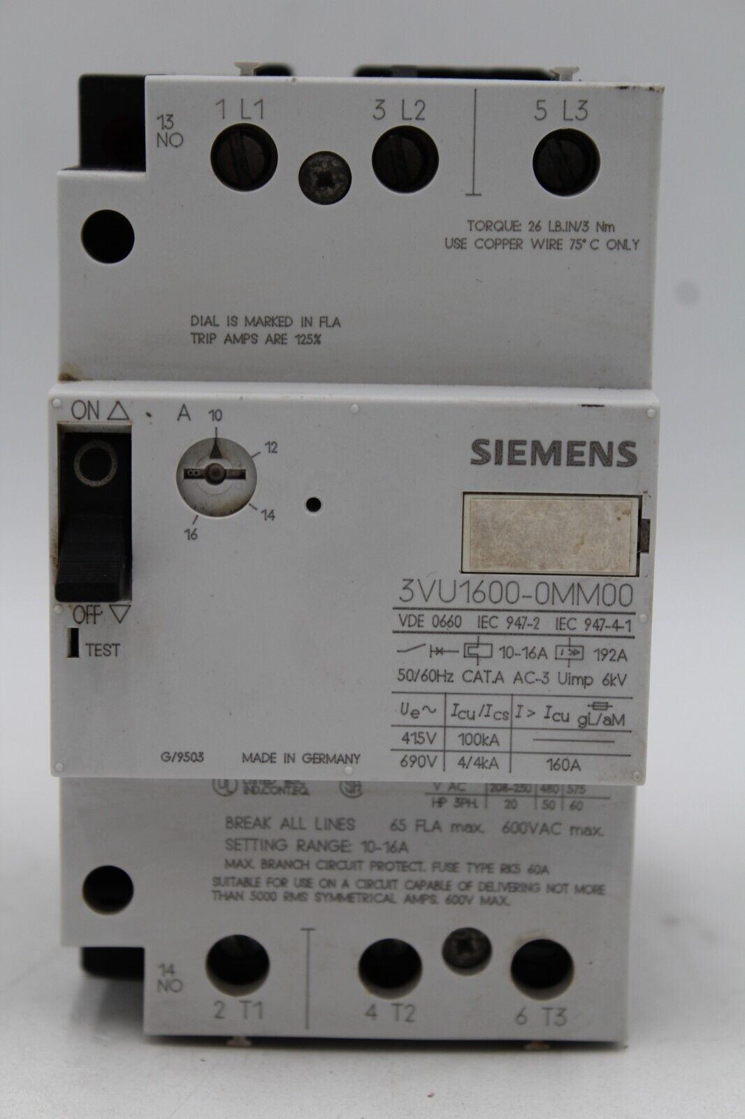 Siemens 3VU1600-0MM00 Motor Starter