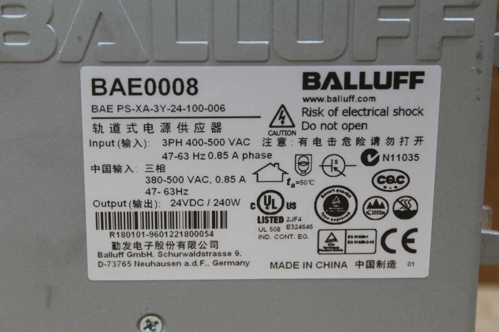 Balluff BAE008 PS-XA-3Y-24-100-006 Power Supply