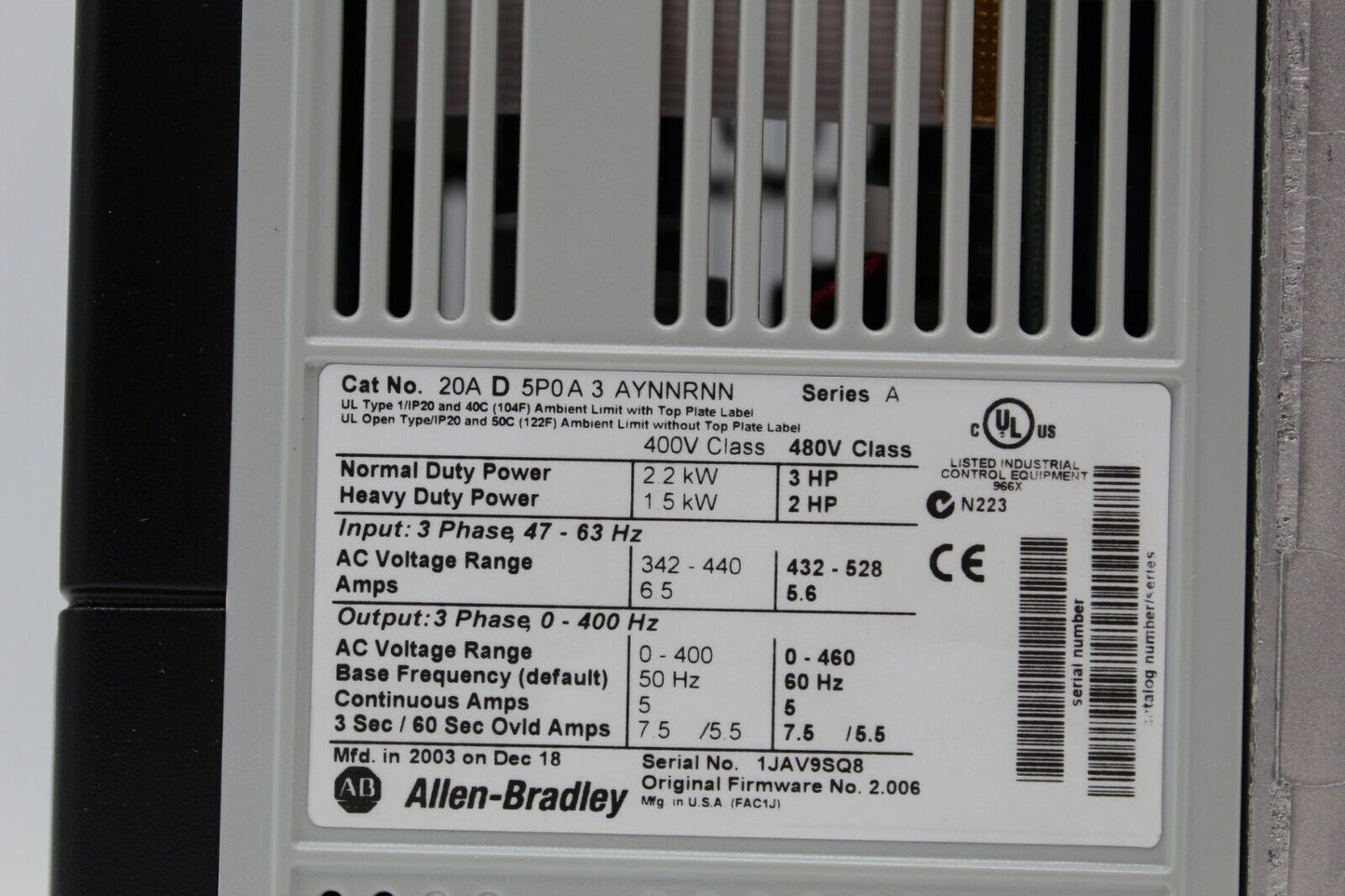 Allen-Bradley 20AD3P4A0AYNNRNN Powerflex 70 AC Drive