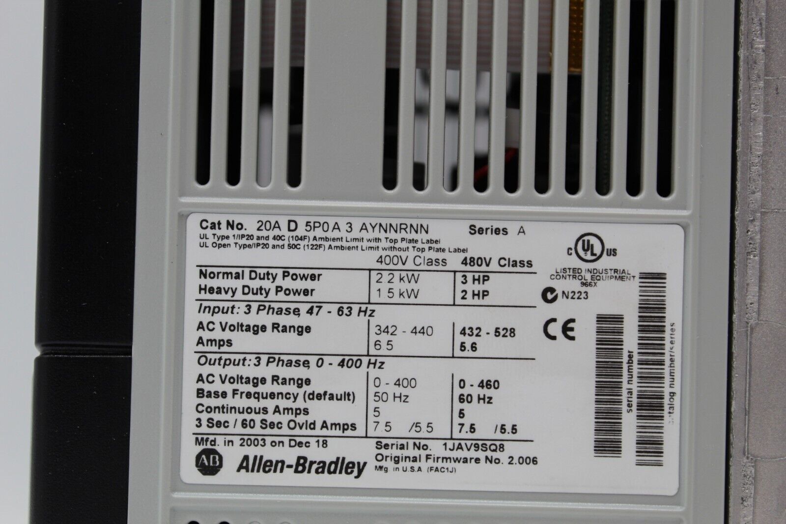 Allen-Bradley 20AD3P4A0AYNNRNN Powerflex 70 AC Drive
