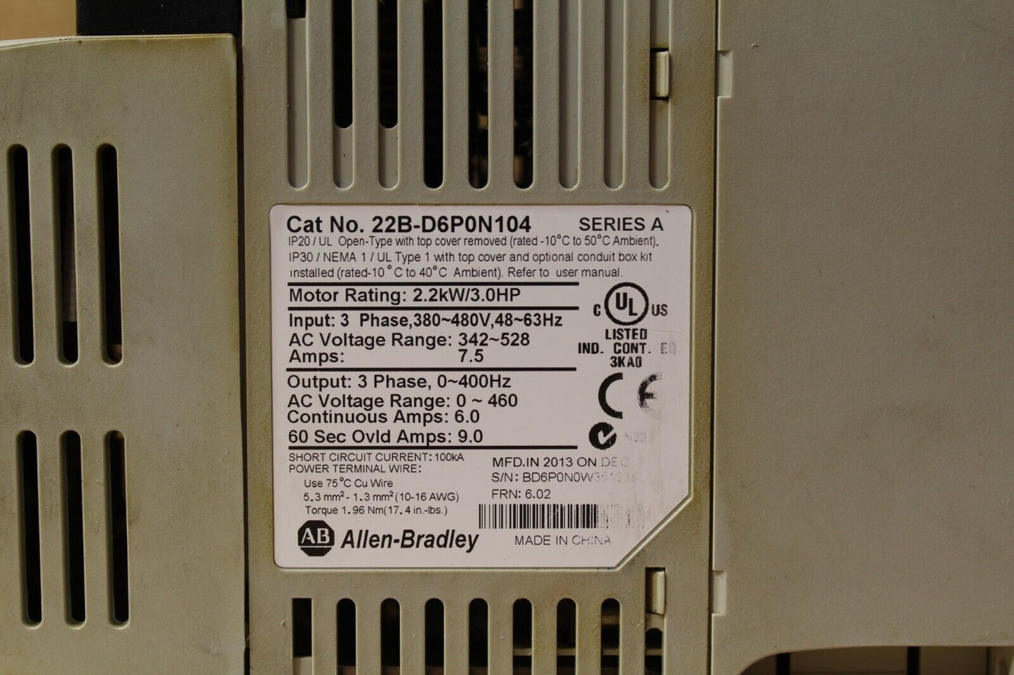 Allen-Bradley 22B-D2P3N104 Powerflex 40 Drive (Very Dirty) w/Ethernet Port