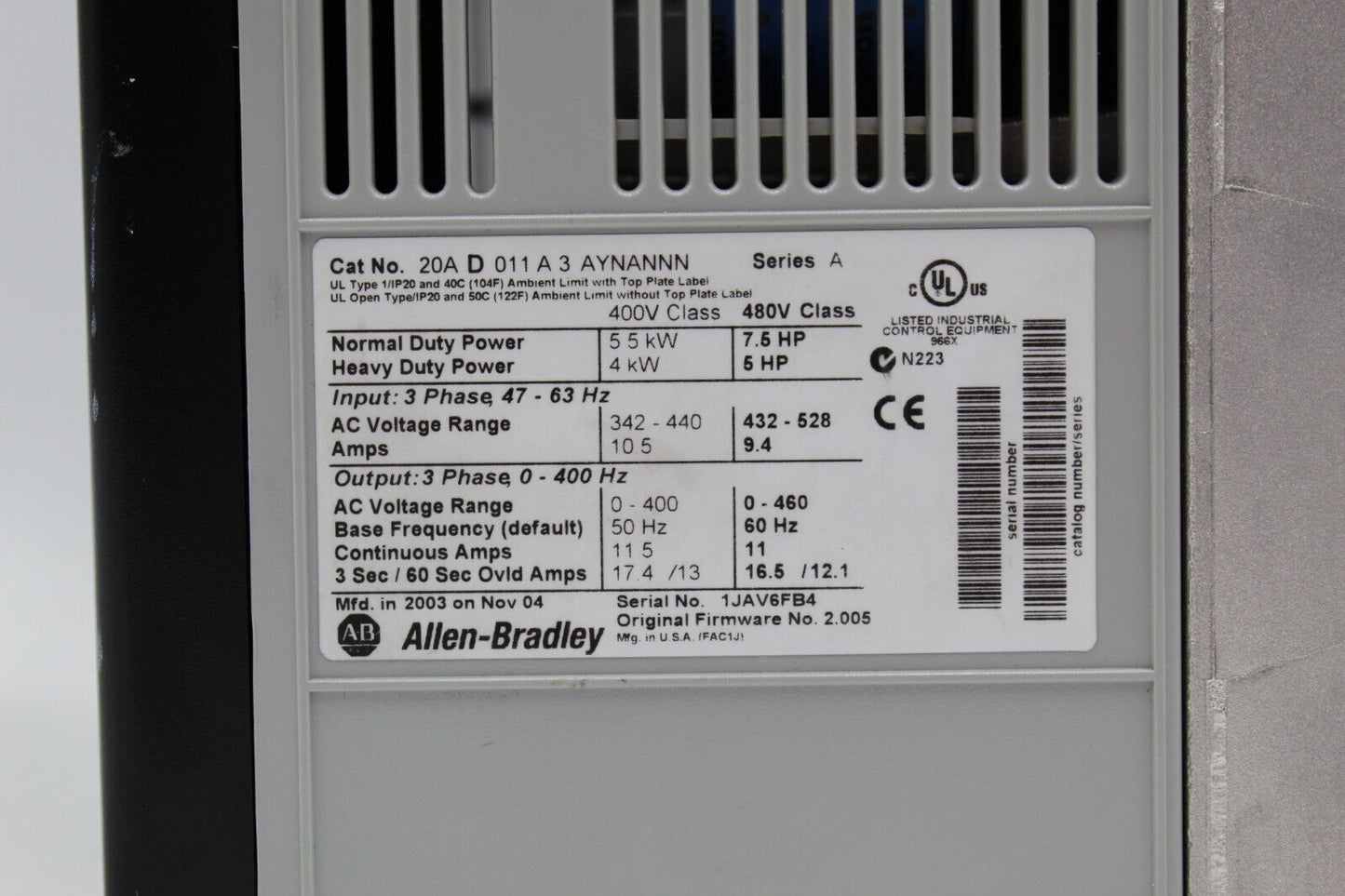 Allen-Bradley 20AD011A3AYNANNN PowerFlex 70 AC Drive