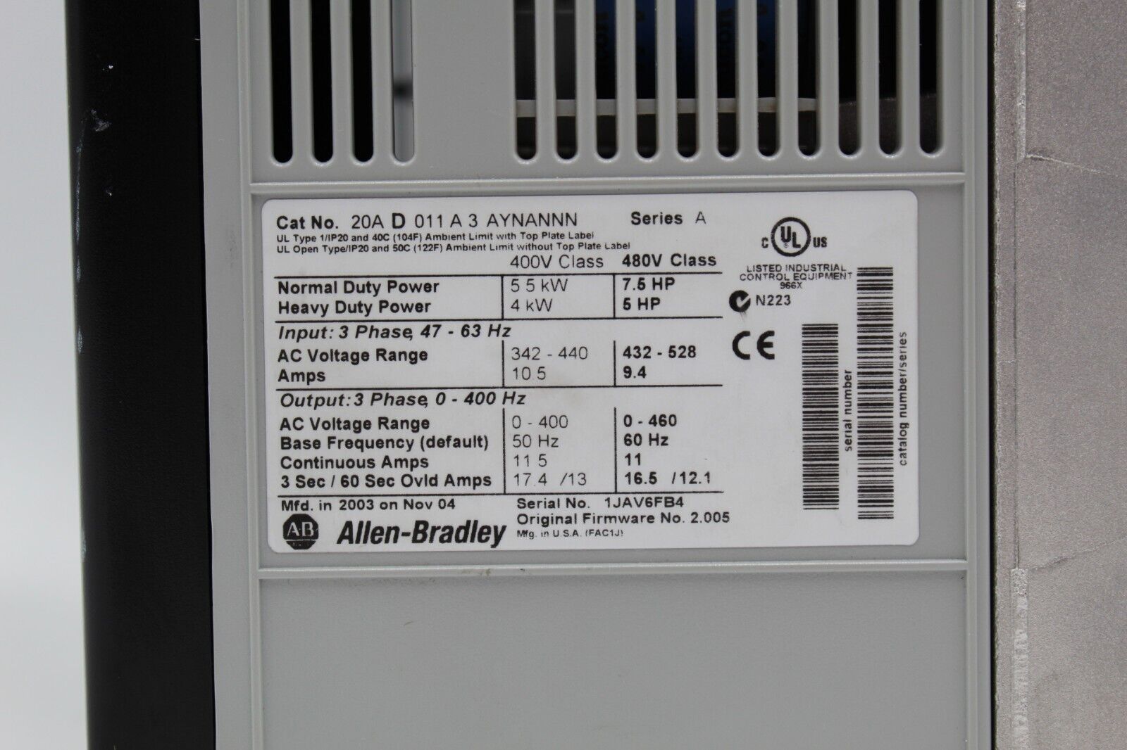 Allen-Bradley 20AD011A3AYNANNN PowerFlex 70 AC Drive