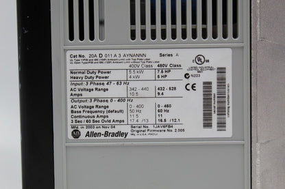 Allen-Bradley 20AD011A3AYNANNN PowerFlex 70 AC Drive