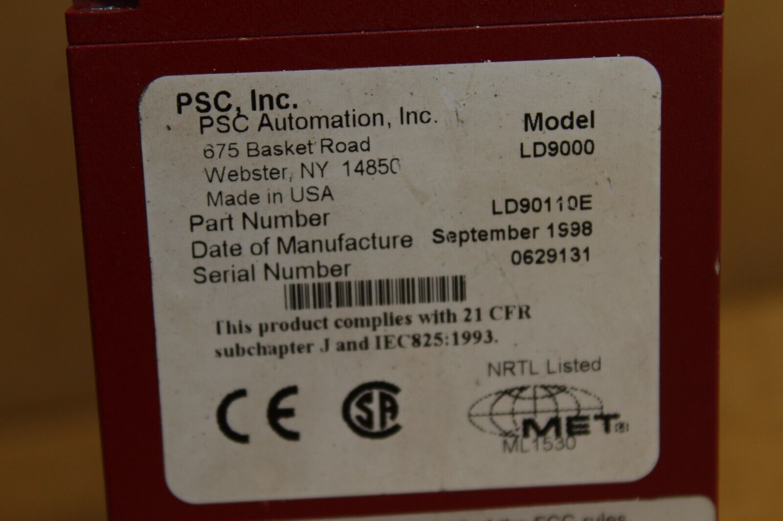 PSC Lazerdata LD90110E Industrial Laser Scanner