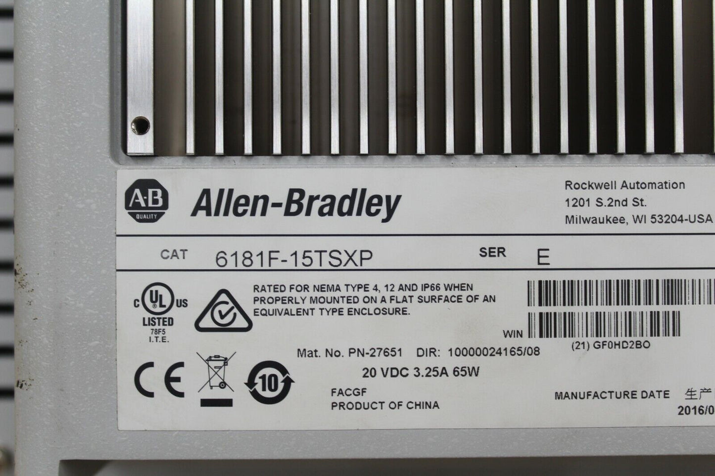 Allen Bradley 6181F-15TSXP PanelView 1500P