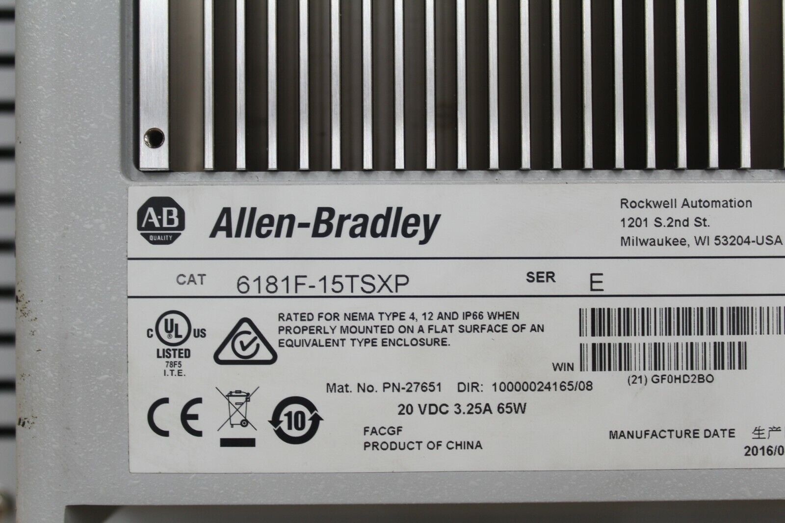 Allen Bradley 6181F-15TSXP PanelView 1500P