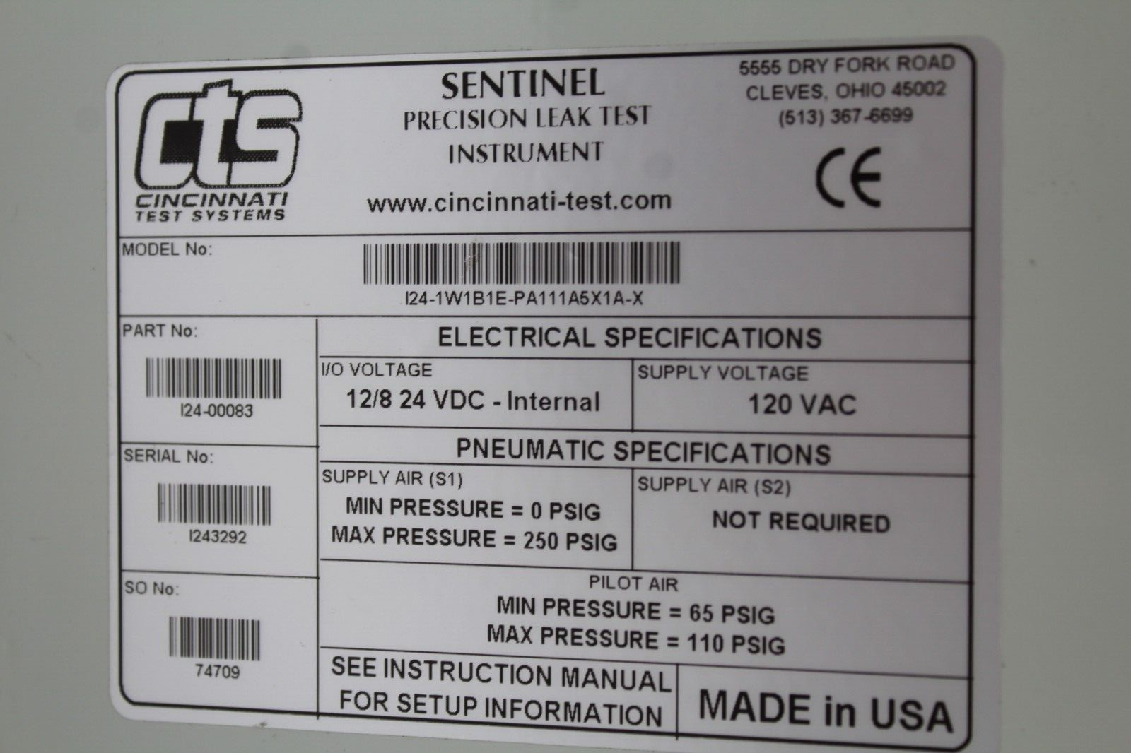 Cincinnati Test Systems I24-1W1B1E-PA111A5X1A-X Precision Leak Test Instrument