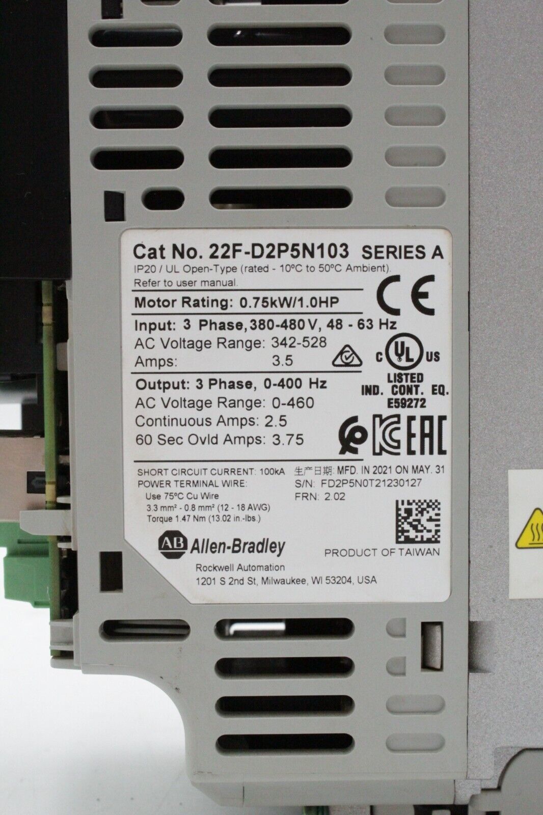 Allen-Bradley 22F-D2P5N103 Powerflex 4M Adjustable Frequency Drive (No Cover)