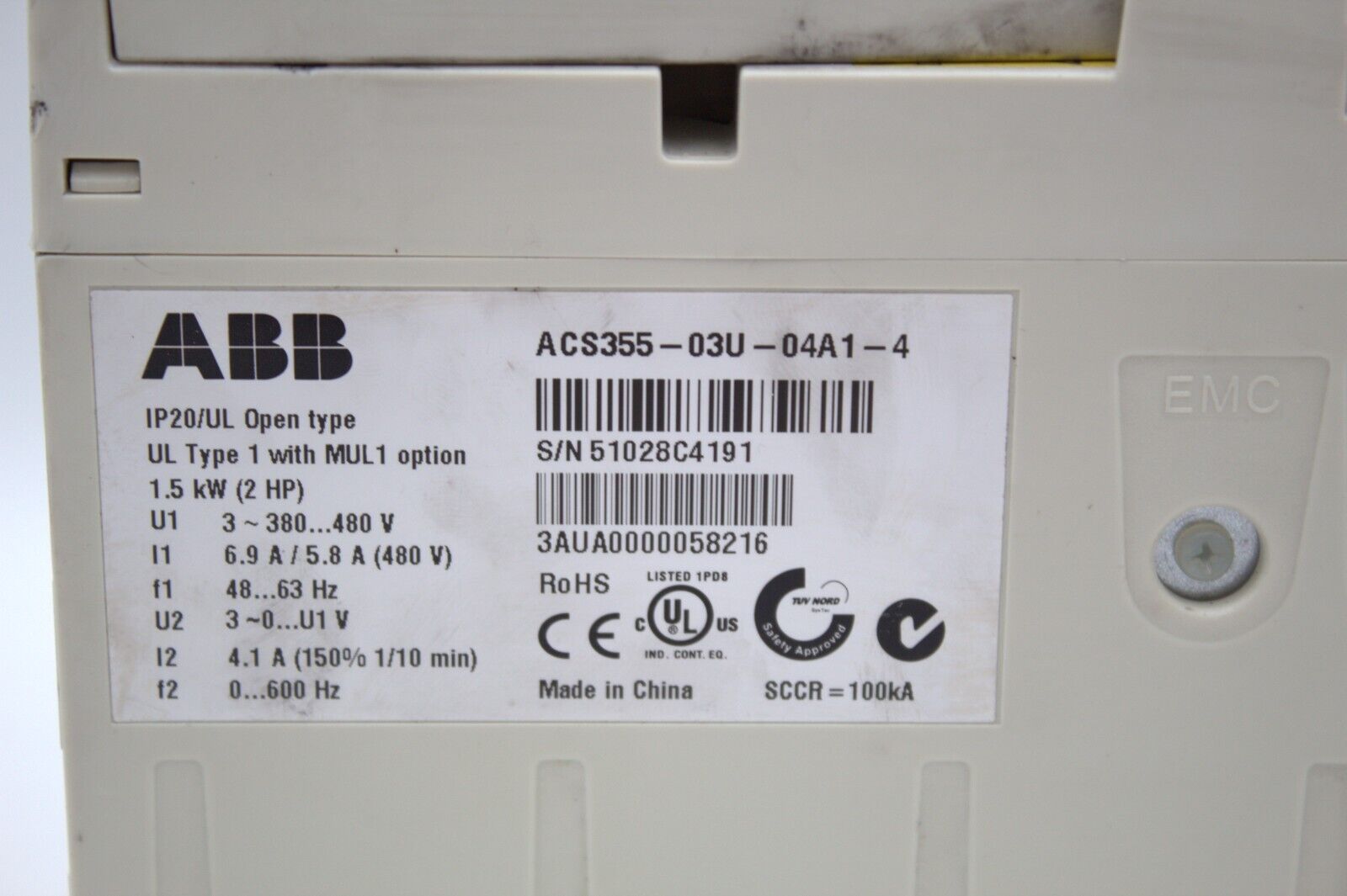 ABB ACS355-03U-04A1-4 Variable Frequency Drive (No Cover)