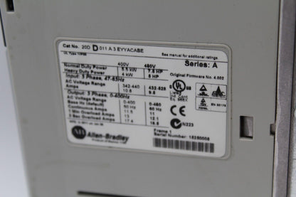 Allen-Bradley 20DD011A3EYYACABE PowerFlex 700s 3-Phase AC Drive (No Controller)