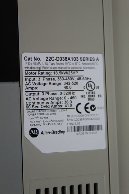 Allen-Bradley 22C-D038A103 PowerFlex 400 AC Drive