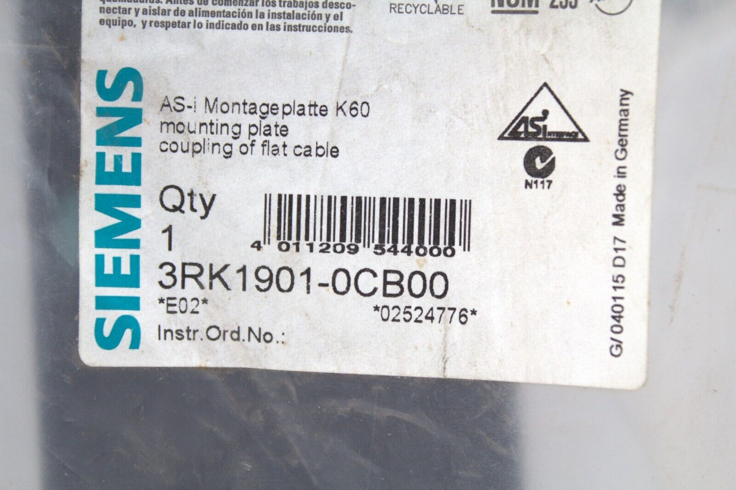 SIEMENS 3RK1901-0CB00 MOUNTING PLATE