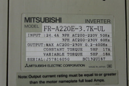 Mitsubishi FR-A220E-3.7K-UL FREQROL A200 Inverter W/ Cord