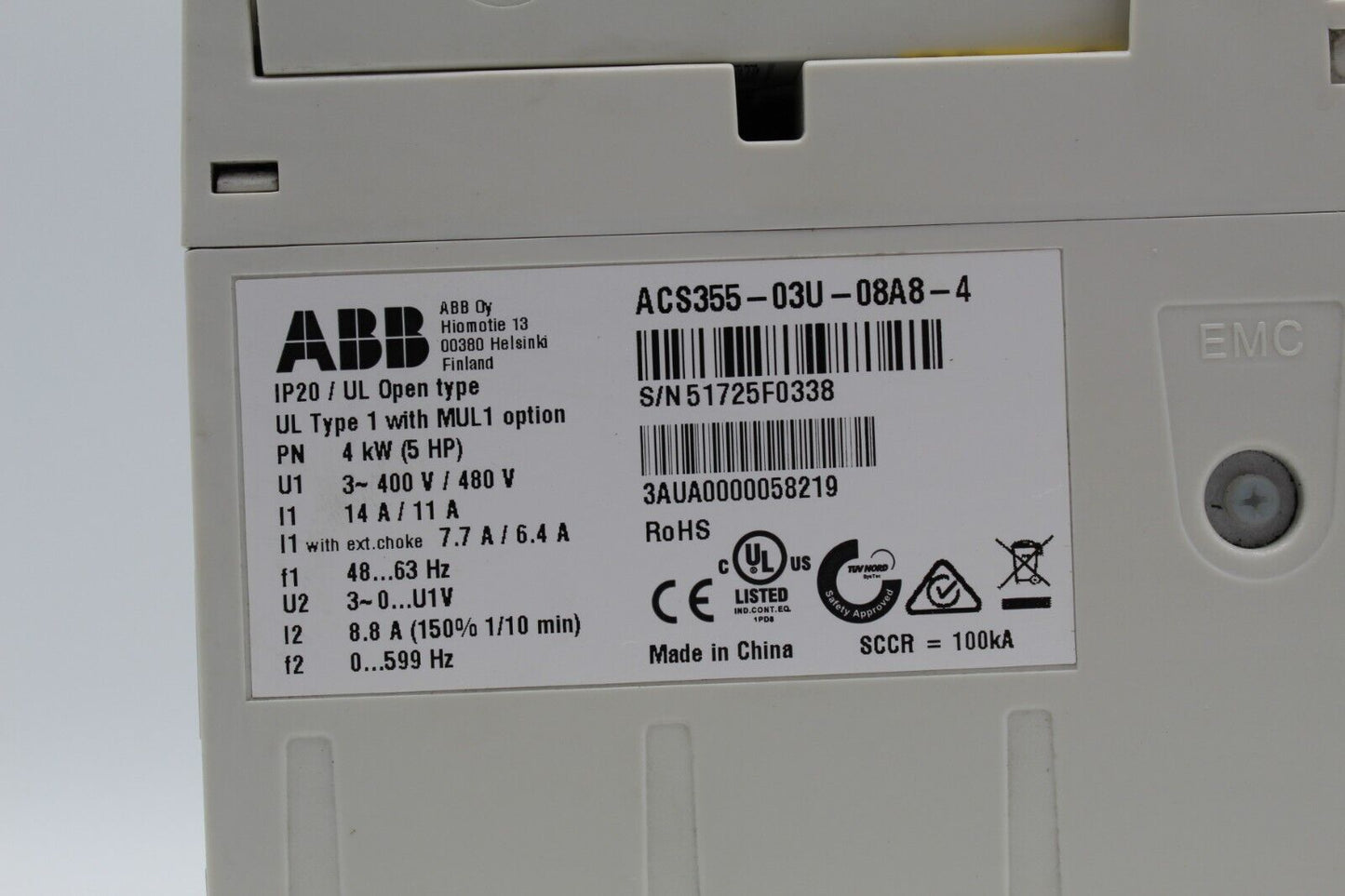 ABB ACS355-03U-08A8-4 Variable Frequency Drive w/FENA-01 Ethernet Adapter
