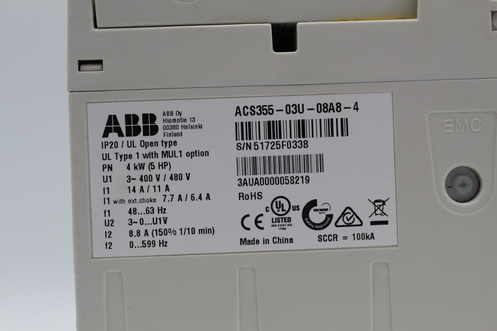 ABB ACS355-03U-08A8-4 Variable Frequency Drive w/FENA-01 Ethernet Adapter