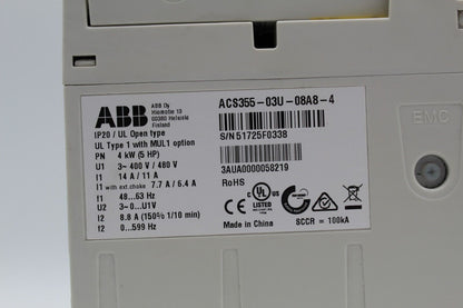 ABB ACS355-03U-08A8-4 Variable Frequency Drive w/FENA-01 Ethernet Adapter