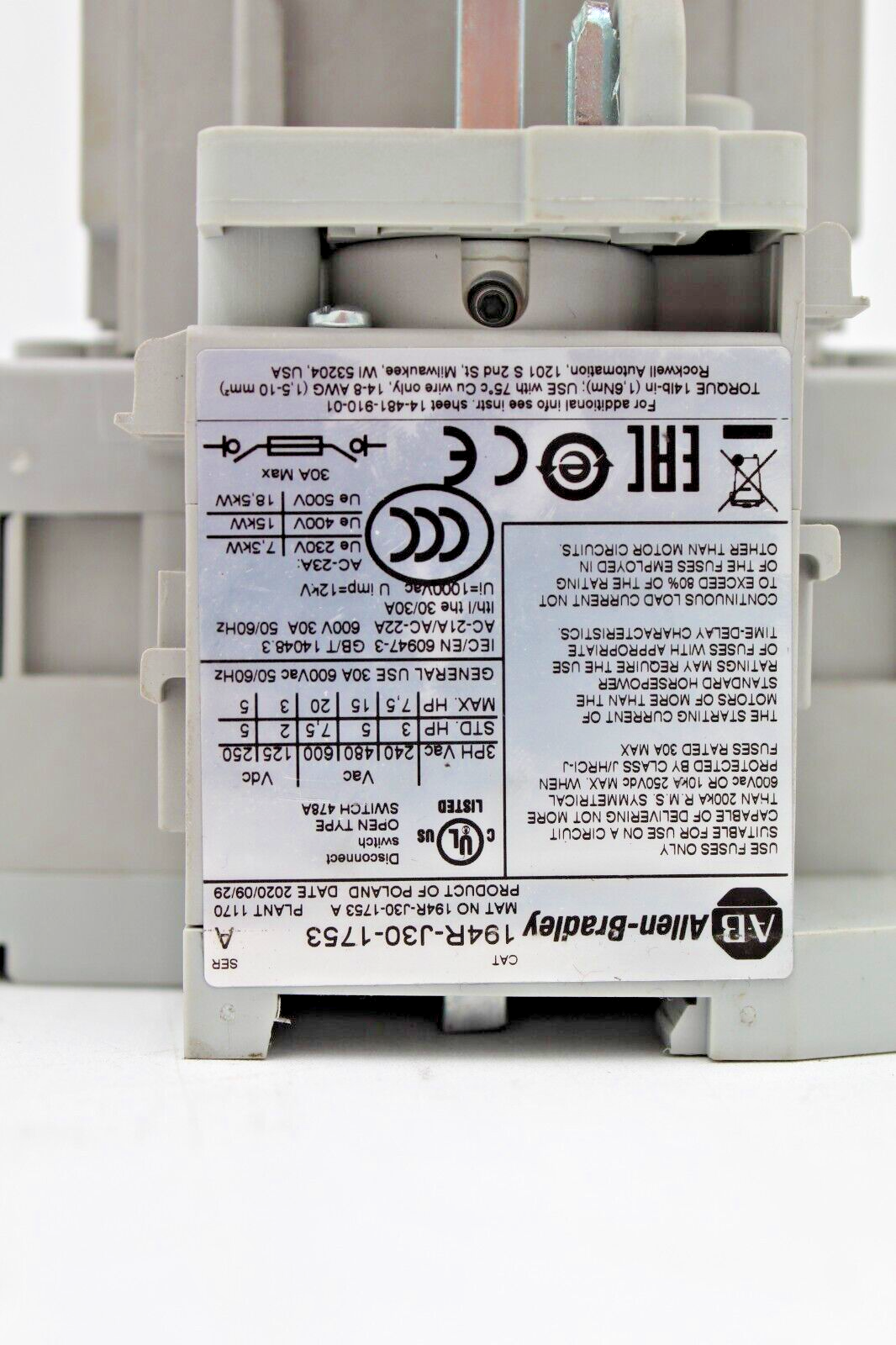 Allen-Bradley 194R-J30-1753 Bulletin Disconnect Switch with Pole/Fuses