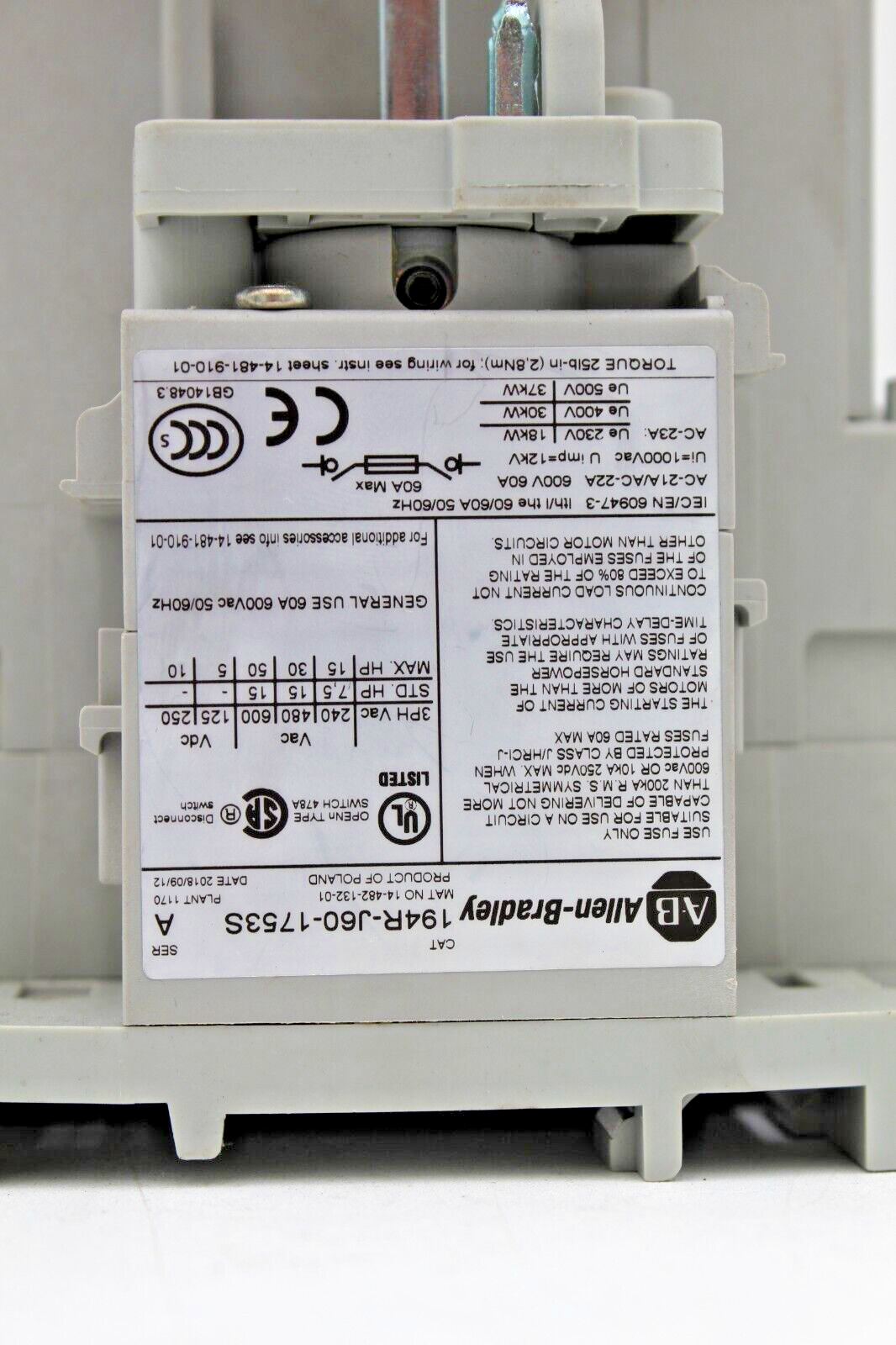 Allen-Bradley 194R-J60-1753S Bulletin Disconnect Switch with Pole/Fuses