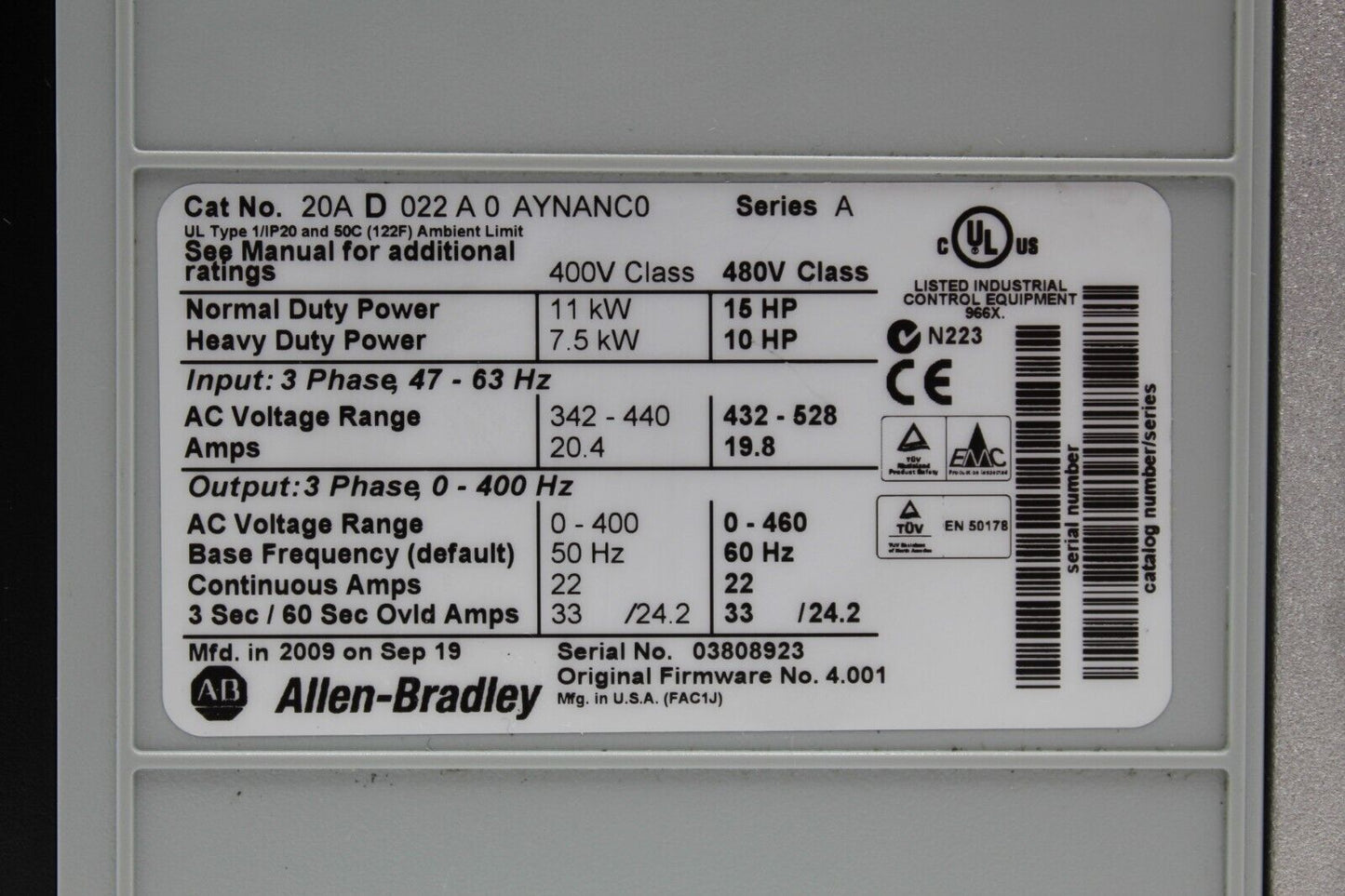 Allen-Bradley 20AD022A0AYNANC0 PowerFlex 70 AC Drive