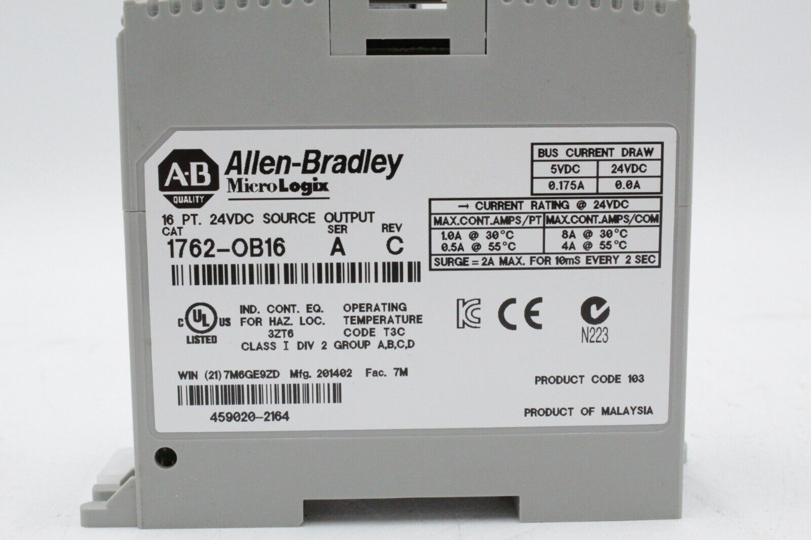 Allen-Bradley 1762-OB16 MicroLogix 16 Pt. 24 VDC Source Output Module (No Cover)